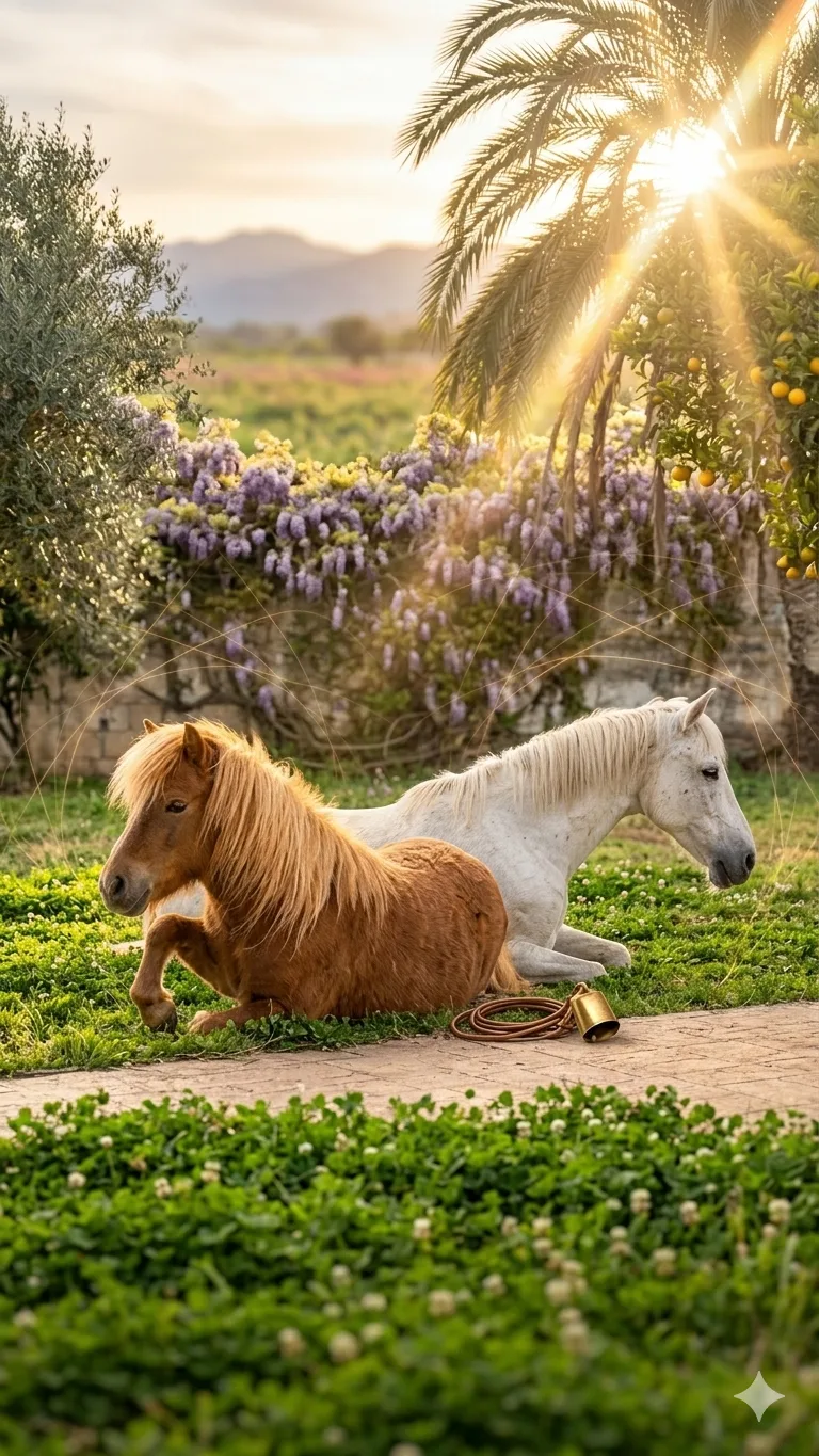 Poni y caballo blanco descansando bajo glicinas en el santuario